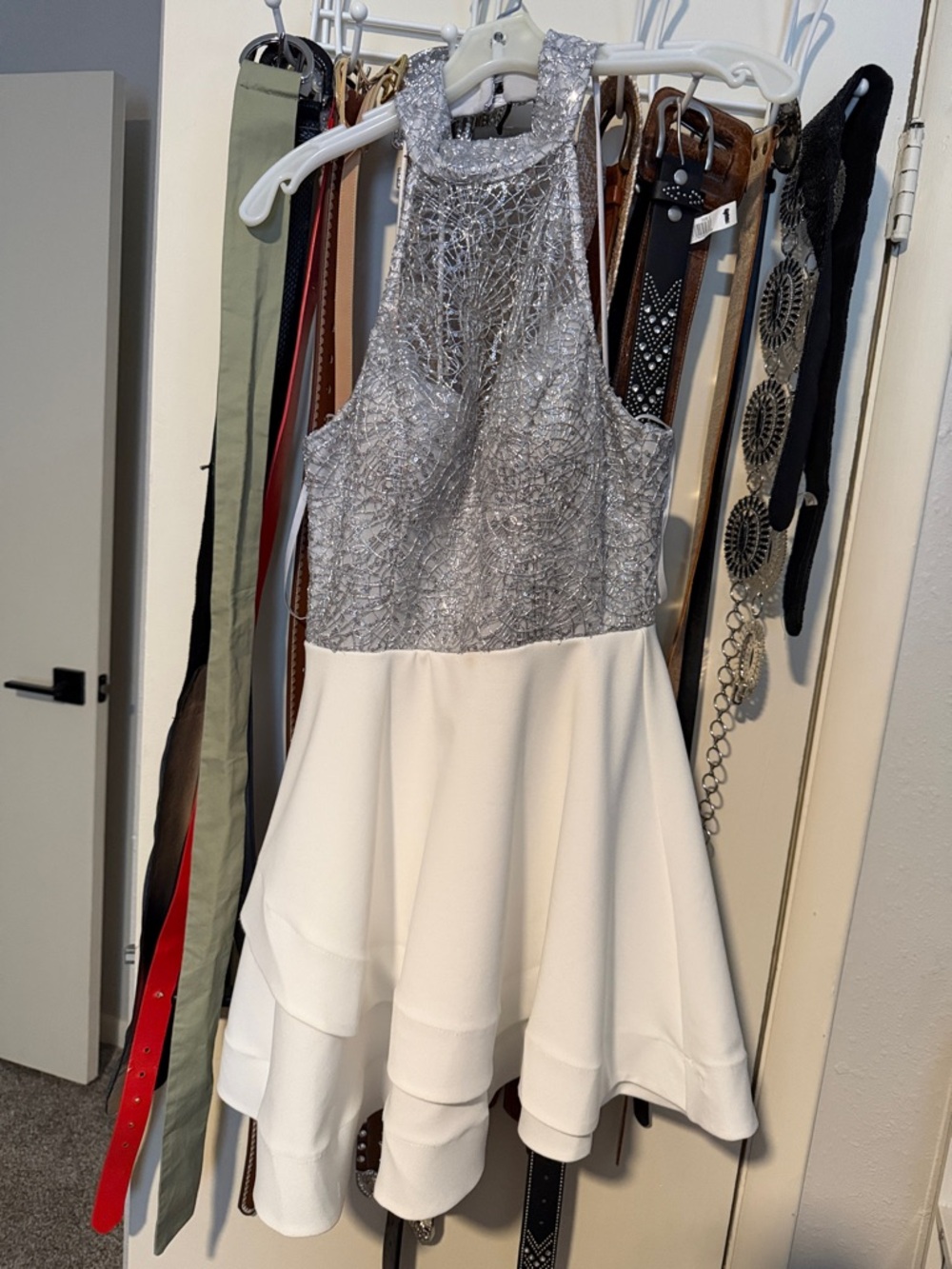 B Darlin Silver Sequin Halter with White Skirt Prom Dress